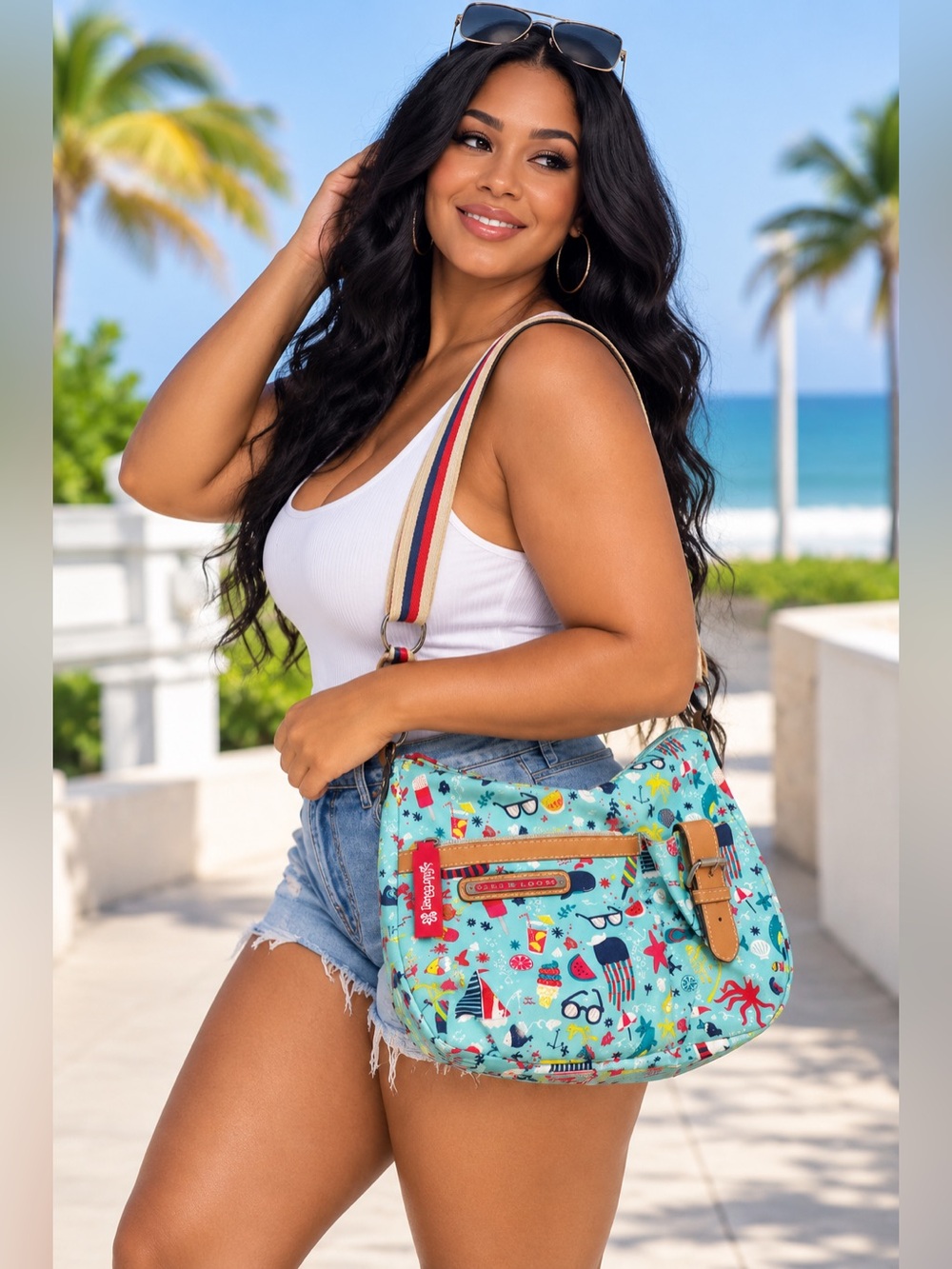 Lily Bloom Aqua Beach Nautical Print Shoulder Crossbody Bag Adjustable Strap